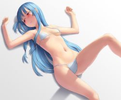 Rule 34 | 1girl, arms at sides, bare arms, bare shoulders, bikini, blue bikini, blue hair, blush, breasts, cameltoe, clenched teeth, collarbone, commentary request, embarrassed, eyelashes, fingernails, groin, hair ornament, hair tie, half-closed eyes, kotonoha aoi, kurione (zassou), long hair, looking away, micro bikini, navel, red eyes, simple background, skindentation, small breasts, solo, stomach, straight hair, strap gap, string bikini, swimsuit, tearing up, tears, teeth, underboob, very long hair, voiceroid, white background, white bikini