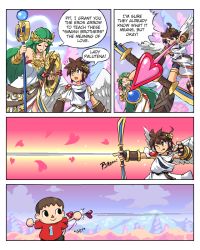 Rule 34 | 1girl, 2boys, angel wings, arrow (projectile), bow (weapon), bracer, brown hair, cellphone, comic, animal crossing, english text, feathered wings, gameplay mechanics, green hair, heart, john su, kid icarus, kid icarus uprising, long hair, multiple boys, naughty face, nintendo, palutena, phone, pit (kid icarus), shield, smartphone, staff, super smash bros., thighhighs, troll face, very long hair, villager (animal crossing), weapon, wings