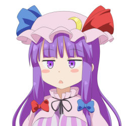 Rule 34 | 1girl, black ribbon, blue bow, blue ribbon, blunt bangs, blush stickers, bow, breasts, capelet, cato (monocatienus), chestnut mouth, collar, commentary request, crescent, crescent pin, hair bow, half-closed eyes, hat, hat ribbon, jitome, large breasts, long hair, neck ribbon, open mouth, patchouli knowledge, purple eyes, purple hair, raised eyebrows, red bow, red ribbon, ribbon, simple background, solo, touhou, upper body, very long hair, white background