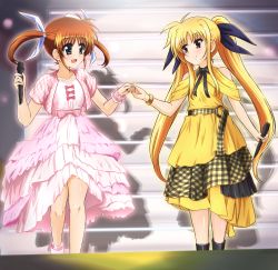 Rule 34 | 2girls, alternate costume, black bow, black eyes, blonde hair, blush, bow, brown hair, collarbone, commentary request, diesel-turbo, dress, fate testarossa, flat chest, hair bow, highres, holding, holding microphone, layered dress, long hair, looking at another, lyrical nanoha, mahou shoujo lyrical nanoha, microphone, multiple girls, open mouth, pink dress, red eyes, scrunchie, shadow, short hair, short sleeves, sidelocks, smile, takamachi nanoha, twintails, white bow, wrist scrunchie, wristband, yellow dress