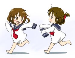 Rule 34 | 2girls, age regression, aged down, anchor symbol, barefoot, blue sailor collar, brown hair, child, female focus, folded ponytail, hair ornament, hairclip, ikazuchi (kancolle), inazuma (kancolle), kantai collection, looking back, multiple girls, neckerchief, oversized clothes, oversized shirt, profile, red neckerchief, running, sailor collar, shirt, sidelocks, simple background, sleeves past wrists, white shirt, zatsu (zasshu neko)