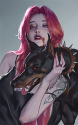 Rule 34 | 1girl, absurdres, animal, arm tattoo, black shirt, blood, blood from mouth, blood on face, breasts, chain, chain leash, cleavage, collar, doberman, dog, fang, grey background, highres, holding, holding animal, holding dog, jewelry, leash, liu2e3ing, long hair, looking at viewer, medium breasts, mole, mole under eye, multiple rings, nail polish, original, pink hair, red eyes, red lips, red nails, ring, shirt, simple background, slit pupils, spiked collar, spikes, strap slip, tattoo