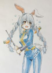 Rule 34 | 1girl, animal ear fluff, animal ears, baton (weapon), blue bodysuit, blue hair, bodysuit, bow, braid, carrot hair ornament, cosplay, expandable baton, fallout (series), fallout 4, food-themed hair ornament, fuusuke (fusuke208), grey background, hair bow, hair ornament, highres, holding, hololive, long hair, long sleeves, looking at viewer, multicolored hair, open mouth, rabbit ears, rabbit girl, rabbit tail, simple background, solo, tail, teeth, twin braids, twintails, two-handed, two-tone hair, upper teeth only, usada pekora, very long hair, virtual youtuber, wavy mouth, weapon, white bow, white hair