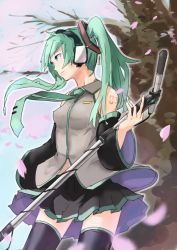 Rule 34 | 1girl, bad id, bad pixiv id, breasts, cherry blossoms, detached sleeves, female focus, green eyes, green hair, hatsune miku, headphones, kureta (nikogori), long hair, matching hair/eyes, microphone, microphone stand, nature, necktie, outdoors, plant, skirt, sky, solo, thighhighs, twintails, vocaloid