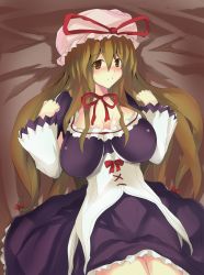 Rule 34 | 1girl, bed, bow, breasts, brown eyes, brown hair, corset, female focus, hair bow, hat, huge breasts, impossible clothes, impossible shirt, long hair, shirt, solo, touhou, usugiri bacon, yakumo yukari