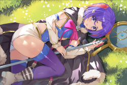 Rule 34 | 1boy, belt, between legs, blue top, bow, cloak, detached sleeves, fang, flower, fur trim, grass, horns, looking at viewer, lying, lying on ground, meikyuu black company, pink pupils, pointy ears, purple eyes, purple hair, purple legwear, ranga (meikyuu black company), shiny clothes, shorts, skin fang, skin tight, staff (weapon), thick thighs, thighhighs, thighs, trap, white shorts