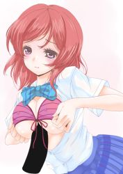 Rule 34 | 10s, 1girl, bikini, blank censor, blush, breasts, breasts squeezed together, censored, covered erect nipples, frapowa, large breasts, looking at viewer, love live!, love live! school idol project, nishikino maki, open clothes, open shirt, paizuri, paizuri under clothes, penis, penis silhouette, pink bikini, pleated skirt, purple eyes, red hair, school uniform, shirt, short hair, silhouette, skirt, solo, striped bikini, striped clothes, swimsuit, tears