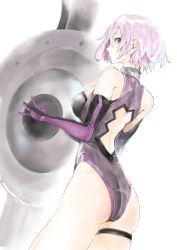 Rule 34 | 1girl, ass, back cutout, breasts, clothing cutout, elbow gloves, fate/grand order, fate (series), from side, gloves, grey leotard, hair between eyes, harutask, highres, leotard, looking at viewer, looking to the side, mash kyrielight, medium breasts, pink hair, profile, purple eyes, shield, shiny clothes, short hair, sideboob, simple background, sketch, solo, thigh strap, white background