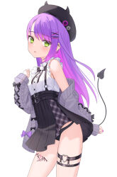 Rule 34 | 1girl, absurdres, aran sweater, beomko, beret, black bow, black bowtie, black hat, black panties, black skirt, bow, bowtie, cable knit, cardigan, collared shirt, colored inner hair, cowboy shot, cross, cross-laced clothes, cross-laced sleeves, cross earrings, demon girl, demon tail, ear chain, ear piercing, earrings, fake horns, frilled shirt, frilled sleeves, frills, green eyes, grey cardigan, hair ornament, hairclip, hat, hat pin, heart o-ring, high-waist skirt, highres, hololive, horned headwear, horns, jewelry, jirai kei, leg tattoo, light blush, long hair, looking at viewer, miniskirt, multicolored hair, o-ring, o-ring thigh strap, off-shoulder sweater, off shoulder, official alternate costume, official alternate hairstyle, open cardigan, open clothes, open mouth, panties, pantyshot, piercing, pink hair, pink nails, pleated skirt, pom pom (clothes), purple hair, shirt, short sleeves, simple background, skirt, solo, suspender skirt, suspenders, sweater, swept bangs, tail, tail ornament, tail piercing, tattoo, thigh strap, tokoyami towa, tokoyami towa (jirai kei), underwear, virtual youtuber, white background, white shirt, x hair ornament