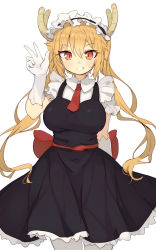 Rule 34 | 10s, 1girl, blonde hair, blush, breasts, dragon girl, dragon horns, gloves, grin, highres, horns, kobayashi-san chi no maidragon, large breasts, long hair, looking at viewer, maid, maid headdress, necktie, pantyhose, puffy short sleeves, puffy sleeves, red necktie, shone, short necktie, short sleeves, simple background, sketch, slit pupils, smile, solo, tohru (maidragon), twintails, v, white background, white gloves, white pantyhose