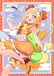 Rule 34 | 1girl, absurdres, back bow, blonde hair, bob cut, bow, bowl, bowtie, brooch, bun cover, commentary, cure yum-yum, delicious party precure, dress, egasumi, gloves, hair bun, hanamichi ran, heart, heart brooch, high heels, highres, holding, holding tray, huge bow, jewelry, leg up, looking at viewer, magical girl, medium dress, one eye closed, open mouth, orange bow, orange dress, orange footwear, precure, red eyes, short hair, sleeveless, sleeveless dress, smile, solo, standing, standing on one leg, star (symbol), thigh strap, tirofinire, tray, triple bun, white gloves, yellow bow, yellow bowtie