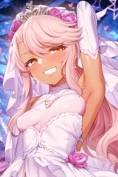 1girl alternate_costume arm_up armpits bad_link bare_shoulders blush breasts bridal_veil chloe_von_einzbern dark-skinned_female dark_skin dress earrings elbow_gloves fate/grand_order fate/kaleid_liner_prisma_illya fate_(series) flower gloves grin hair_between_eyes highres jewelry long_hair looking_at_viewer m-da_s-tarou necklace orange_eyes petite pink_hair small_breasts smile solo tiara upper_body veil wedding_dress white_dress white_gloves