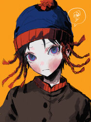 Rule 34 | 1boy, beanie, black hair, blue eyes, blue hat, blush, brown jacket, closed mouth, hat, highres, jacket, jiz (pffbq), looking at viewer, male focus, orange background, pom pom (clothes), pom pom beanie, scribble, short hair, simple background, solo, south park, speech bubble, stan marsh, upper body, very short hair