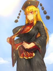 Rule 34 | 1girl, puff of air, black dress, blonde hair, blush, breasts, chinese clothes, clothes lift, cowboy shot, crescent, dress, hat, highres, huge breasts, junko (touhou), lifting own clothes, long hair, long sleeves, melon22, mature female, red eyes, solo, sweat, tabard, touhou, wide sleeves