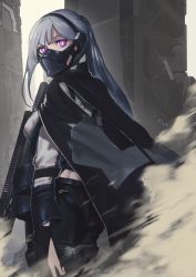 Rule 34 | 1girl, ak-12, ak-12 (girls&#039; frontline), ass, assault rifle, black cape, black gloves, black pants, breasts, cape, commentary request, fixro2n, from behind, gas mask, girls&#039; frontline, gloves, glowing, glowing eyes, grey hair, gun, highres, kalashnikov rifle, long hair, long sleeves, looking at viewer, looking back, mask, medium breasts, mouth mask, name connection, object namesake, pants, partially fingerless gloves, ponytail, purple eyes, rifle, sand, shirt, sidelocks, solo, standing, very long hair, weapon, white shirt
