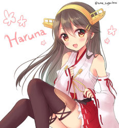 Rule 34 | 10s, 1girl, :d, bad id, bad pixiv id, bare shoulders, black hair, black thighhighs, brown eyes, character name, detached sleeves, hair between eyes, hairband, haruna (kancolle), headband, japanese clothes, kantai collection, long hair, mamekosora, nontraditional miko, open mouth, pleated skirt, red skirt, ribbon-trimmed sleeves, ribbon trim, sarashi, skirt, smile, solo, thighhighs, twitter username, white background, wide sleeves