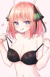 Rule 34 | 1girl, :p, bad id, bad pixiv id, bare arms, bare shoulders, beliatan, black bra, black ribbon, blue eyes, blunt bangs, blush, bra, breasts, cleavage, closed mouth, collarbone, commentary request, go-toubun no hanayome, hair ornament, hair ribbon, hands up, heart, highres, lace, lace-trimmed bra, lace trim, large breasts, looking at viewer, nakano nino, navel, pink background, pink hair, ribbon, smile, solo, strap pull, tongue, tongue out, underwear, upper body