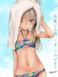 Rule 34 | 1girl, akino shuu, bare arms, bare shoulders, bikini, blue bikini, bow, breasts, brown hair, closed mouth, collarbone, commentary request, grecale (kancolle), green eyes, hair between eyes, hair bow, halterneck, kantai collection, long hair, looking at viewer, navel, one eye closed, pink bow, small breasts, solo, swimsuit, towel, towel on head, translation request, twitter username, wet, zanshomimai