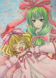 Rule 34 | 2girls, animi6, blonde hair, blue background, blush, colored pencil (medium), crossover, dress, drill hair, closed eyes, front ponytail, green eyes, green hair, hair ribbon, hinaichigo, juliet sleeves, kagiyama hina, long hair, long sleeves, looking at viewer, multiple girls, name connection, open mouth, petals, puffy sleeves, ribbon, rozen maiden, short hair, smile, touhou, traditional media, twin drills, twintails