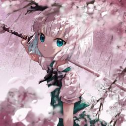 Rule 34 | 1girl, arm up, black bow, black hairband, black neckwear, bow, cherry blossoms, closed mouth, collar, collared shirt, green eyes, green skirt, green vest, hairband, hand up, highres, katana, kayon (touzoku), konpaku youmu, looking at viewer, puffy short sleeves, puffy sleeves, shadow, shirt, short hair, short sleeves, skirt, solo, sword, touhou, vest, weapon, white hair, white shirt, white sleeves