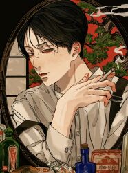 Rule 34 | 1boy, absurdres, black hair, bottle, buttoned cuffs, buttons, cigarette, closed mouth, collared shirt, commentary, fingernails, half-closed eyes, hand up, highres, holding, holding cigarette, kagoya1219, long sleeves, looking at viewer, male focus, mirror, original, perfume bottle, shirt, short hair, shouji, sliding doors, smoke, smoking, solo, suspenders, suspenders slip, very short hair, white shirt