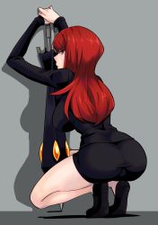 Rule 34 | 1girl, against wall, ass, breasts, cameltoe, from behind, grey background, highres, holding, holding umbrella, krieg (skullgirls), large breasts, long hair, looking at viewer, looking back, miso dengaku (donadonaton), parasoul (skullgirls), parted lips, red hair, red lips, skirt, skullgirls, solo, squatting, umbrella, yellow eyes