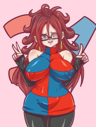 Rule 34 | 1girl, android 21, blue eyes, breasts, brown hair, dragon ball, dragon ball fighterz, female focus, glasses, nipples, rickert kai, text focus