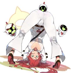 Rule 34 | ass, bent over, breasts, broken halo, cleavage, spiked halo, gloves, green eyes, guilty gear, guilty gear strive, halo, highres, jack-o&#039; valentine, red hair, smile, tongue, tongue out, upside-down