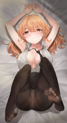 Rule 34 | 1girl, absurdres, arms up, ass, bare arms, bed sheet, black pantyhose, black skirt, blush, breasts, cameltoe, collarbone, collared shirt, feet, from above, frown, hair between eyes, hair spread out, highres, knees up, large breasts, legs up, long hair, looking at viewer, loose necktie, lying, mac (pixiv31869137), necktie, no bra, no shoes, on back, open clothes, open shirt, orange eyes, orange hair, original, panties, panties under pantyhose, pantyhose, pencil skirt, shiny clothes, shiny legwear, shirt, skirt, sleeveless, sleeveless shirt, soles, solo, sweat, thighband pantyhose, toes, underwear, wavy hair, white panties, white shirt