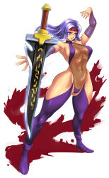 Rule 34 | 1girl, ankle boots, asura buster, boots, breasts, covered navel, detached sleeves, floating, floating object, headband, highres, iad, large breasts, leotard, lips, long hair, purple eyes, purple footwear, purple hair, purple thighhighs, rose mary, see-through, see-through leotard, sideboob, solo, sword, thighhighs, weapon