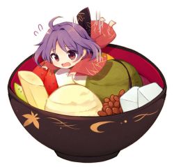 Rule 34 | 1girl, ahoge, anmitsu (dessert), banana, beans, bowl, chibi, d:, falling, flying sweatdrops, food, fruit, hat, ice cream, in food, japanese clothes, kimono, long sleeves, md5 mismatch, mini person, minigirl, no headwear, obi, open mouth, purple hair, red eyes, resized, sash, short hair, simple background, solo, strawberry, sukuna shinmyoumaru, tama (soon32281), touhou, white background, wide sleeves