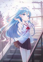 Rule 34 | 1girl, :o, animal, bird, black skirt, blue eyes, blue hair, blurry, blurry background, blush, bow, collared shirt, commentary request, day, denpa onna to seishun otoko, depth of field, dress shirt, hair between eyes, hands up, highres, iren lovel, long hair, long sleeves, looking at viewer, md5 mismatch, outdoors, parted lips, pleated skirt, railing, red bow, resolution mismatch, school uniform, shirt, skirt, solo, source smaller, stairs, standing, touwa erio, tree, utility pole, very long hair, white shirt