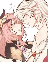 Rule 34 | 2girls, ahoge, armor, bare shoulders, blue eyes, breasts, cleavage, couple, earrings, elf, elysia (honkai impact), elysia (miss pink elf) (honkai impact), hair ornament, hand on another&#039;s neck, heart, highres, honkai (series), honkai impact 3rd, jewelry, kiana kaslana, kiana kaslana (herrscher of flamescion), light blush, long hair, looking at another, medium breasts, multicolored hair, multiple girls, open mouth, pink hair, pointy ears, ponytail, riejiu, simple background, smile, streaked hair, white background, white hair, yuri