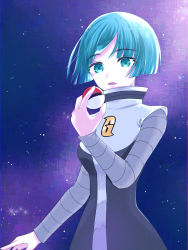 Rule 34 | 1girl, commentary request, creatures (company), game freak, green eyes, green hair, grey shirt, hand up, highres, holding, holding poke ball, logo, long sleeves, looking at object, nintendo, poke ball, poke ball (basic), pokemon, pokemon dppt, shirt, short hair, solo, swkn4778, team galactic, team galactic grunt, team galactic uniform