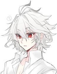 1boy ? antenna_hair collarbone dress_shirt fate/apocrypha fate_(series) hair_between_eyes hair_intakes haoro male_focus messy_hair parted_lips partially_unbuttoned portrait red_eyes shirt short_hair sieg_(fate) simple_background solo spoken_question_mark unbuttoned unbuttoned_shirt white_background white_hair white_shirt