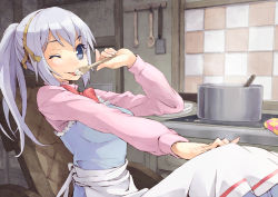 Rule 34 | 1girl, apron, bad id, bad pixiv id, blue eyes, cooking, kitchen, licking, long hair, maeda risou, one eye closed, outstretched arm, ponytail, pot, solo, spoon, sylvette suede, tegami bachi, tongue, wheelchair, white hair, wink
