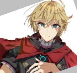 Rule 34 | 1boy, blonde hair, blue eyes, breasts, cape, highres, looking at viewer, male focus, mugimugis, short hair, shulk (xenoblade), simple background, solo, white background, xenoblade chronicles (series), xenoblade chronicles 1, xenoblade chronicles 3