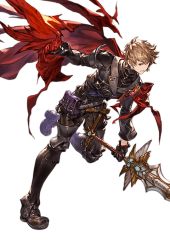 Rule 34 | 1boy, alpha transparency, boots, brown eyes, brown hair, cape, cosplay, full body, gideon (lord of vermillion), gideon (lord of vermillion) (cosplay), gran (granblue fantasy), granblue fantasy, looking at viewer, lord of vermilion, lord of vermilion iii, male focus, minaba hideo, parted lips, red cape, running, serious, short hair, solo, sword, transparent background, weapon
