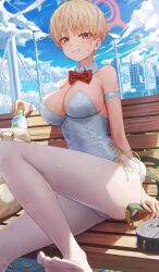 Rule 34 | 1girl, absurdres, bench, blonde hair, blue archive, blush, breasts, building, cleavage, cloud, cloudy sky, day, detached collar, fake tail, halo, hamstarhand, highres, large breasts, looking at viewer, marina (blue archive), mole, on bench, outdoors, pantyhose, rabbit tail, red halo, revision, short hair, sitting, sky, solo, tail, white pantyhose, wrist cuffs, yellow eyes