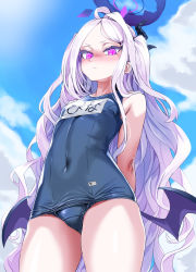 Rule 34 | 1girl, arms behind back, asanagi, bat wings, black horns, blue archive, blue sky, closed mouth, cloud, commentary request, covered navel, day, flat chest, hair ornament, hairclip, halo, highres, hina (blue archive), hina (swimsuit) (blue archive), horns, long hair, looking at viewer, low wings, one-piece swimsuit, pink eyes, school swimsuit, sky, solo, swimsuit, very long hair, white hair, wings