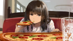 Rule 34 | 1girl, 23el, black eyes, black hair, cup, drinking straw, food, food in mouth, highres, holding, holding food, holding pizza, ice, ice cube, indoors, looking at viewer, original, pizza, shirt, sitting, solo, white shirt