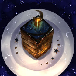 Rule 34 | cake, cake slice, chocolate cake, commentary request, crescent, food, food focus, no humans, original, plate, star (symbol), still life, tsukimi tsumugu