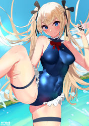 Rule 34 | absurdres, azur lane, beach, black ribbon, blue legwear, blue leotard, blue one-piece swimsuit, bottle, dead or alive, dead or alive 5, frilled leotard, frills, hair ribbon, highres, leg lift, leg up, leotard, licking lips, looking at viewer, marie rose, one-piece swimsuit, ribbon, solo, summer, swimsuit, tongue, tongue out, twintails, wet, yimkura