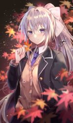 Rule 34 | 1girl, autumn, autumn leaves, bad id, bad pixiv id, black jacket, blazer, blue necktie, blurry, blurry foreground, blush, bow, cardigan, closed mouth, collared shirt, floating hair, hair between eyes, hair bow, hair ornament, hairclip, high ponytail, highres, higuchi kaede, higuchi kaede (1st costume), holding, holding leaf, jacket, leaf, long hair, long sleeves, looking at viewer, maple leaf, mole, mole under eye, necktie, nijisanji, nozomi fuuten, open clothes, open jacket, purple eyes, school uniform, shirt, silver hair, smile, solo, standing, very long hair, virtual youtuber, white bow, white shirt, wing collar