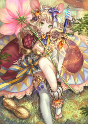 Rule 34 | 1girl, animal ears, blonde hair, breasts, commentary request, flower, grass, green eyes, hair ornament, hair ribbon, hairband, highres, holding, holding sword, holding weapon, looking at viewer, original, outdoors, pisuke, ribbon, sandals, short hair, solo, sun, sword, weapon
