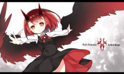 Rule 34 | 1girl, :o, black dress, blush, copyright name, demon wings, dress, horns, letterboxed, looking at viewer, original, outstretched arms, pixiv fantasia, pixiv fantasia fallen kings, red hair, saru, short hair, solo, wings, yellow eyes
