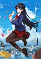 Rule 34 | 1girl, absurdres, artist request, black footwear, black hair, black pantyhose, blazer, blouse, blue jacket, blue sky, bow, bowtie, breasts, brown pantyhose, city, cloud, day, from side, full body, highres, holding, holding notebook, jacket, jumping, komi-san wa komyushou desu, komi shouko, large breasts, long hair, long sleeves, looking at viewer, mechanical pencil, miniskirt, notebook, open clothes, open jacket, pantyhose, paradox (parapa), pencil, purple eyes, red bow, red bowtie, red skirt, ruler, school uniform, shirt, shoes, skirt, sky, solo, striped clothes, striped skirt, thighs, very long hair, water drop, white shirt