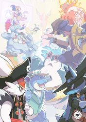 Rule 34 | ^ ^, absurdres, black coat, black headwear, blastoise, bow, bowtie, bright pupils, buttons, cinderace, cinderace (captain), closed eyes, closed mouth, clothed pokemon, coat, commentary, creatures (company), eye contact, fangs, game freak, garchomp, gen 1 pokemon, gen 4 pokemon, gen 6 pokemon, gen 8 pokemon, green vest, gregory alecsander, hat, highres, legendary pokemon, long sleeves, looking at another, looking up, lucario, lucario (costume party), machamp, mr. mime, muscular, nintendo, open clothes, open coat, open mouth, pikachu, pikachu (purple unite), pokemon, pokemon (creature), pokemon unite, sash, sharp teeth, shirt, slowbro, smile, snorlax, spikes, star-shaped eyewear, star (symbol), tailcoat, talonflame, teeth, tongue, top hat, vest, white pupils, white shirt, zapdos