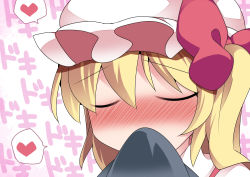 Rule 34 | 1girl, bad id, bad pixiv id, blonde hair, blush, smelling clothes, commentary request, closed eyes, flandre scarlet, hair ribbon, hammer (sunset beach), hat, heart, heartbeat, implied masturbation, ribbon, short hair, side ponytail, smelling, solo, spoken heart, touhou, upper body