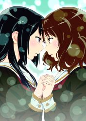 Rule 34 | 10s, 2girls, eye contact, forehead-to-forehead, from side, holding hands, heads together, hibike! euphonium, highres, interlocked fingers, kousaka reina, long hair, looking at another, multiple girls, oumae kumiko, parted lips, taka-michi, yuri
